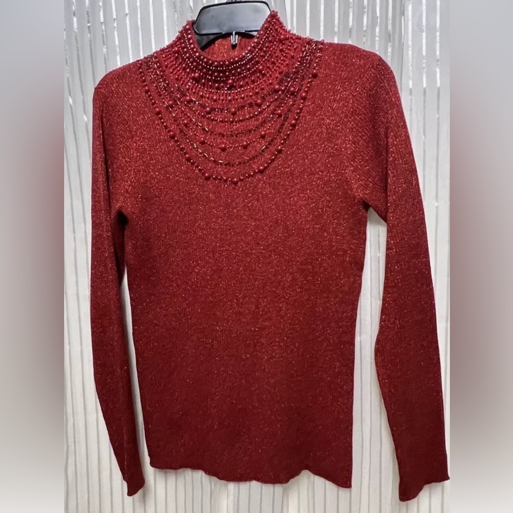 “Once Again” SZ: (L) Embellished Red Zipper Back Sweater, Long-Sleeves Nice